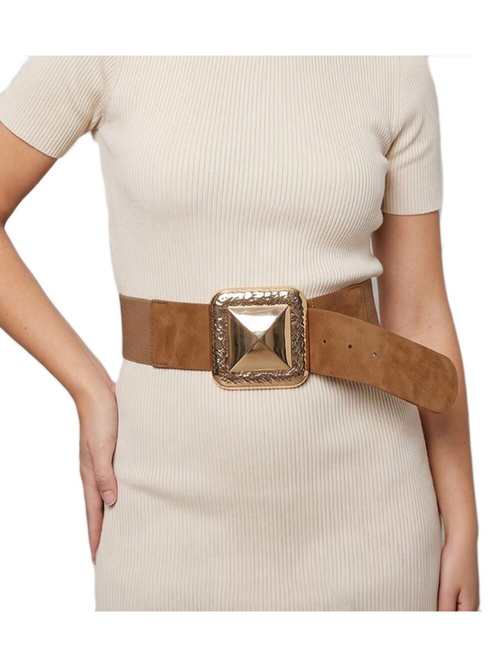 Tigerstars Oversized Square Buckle Accent Stretch Elastic Waist Belt